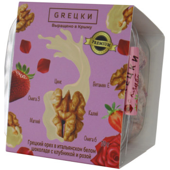 Грецкий орех в белом шоколаде с клубникой и розой 70 гр