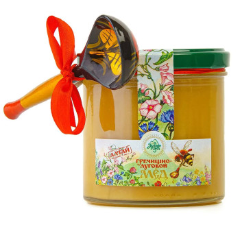 Мед натуральный "Гречишно-луговой" с ложечкой хохлома, Зеленая гора, 400 г.