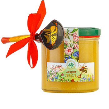 Мед натуральный "Лесной" с ложечкой хохлома Зеленая гора 400 г.