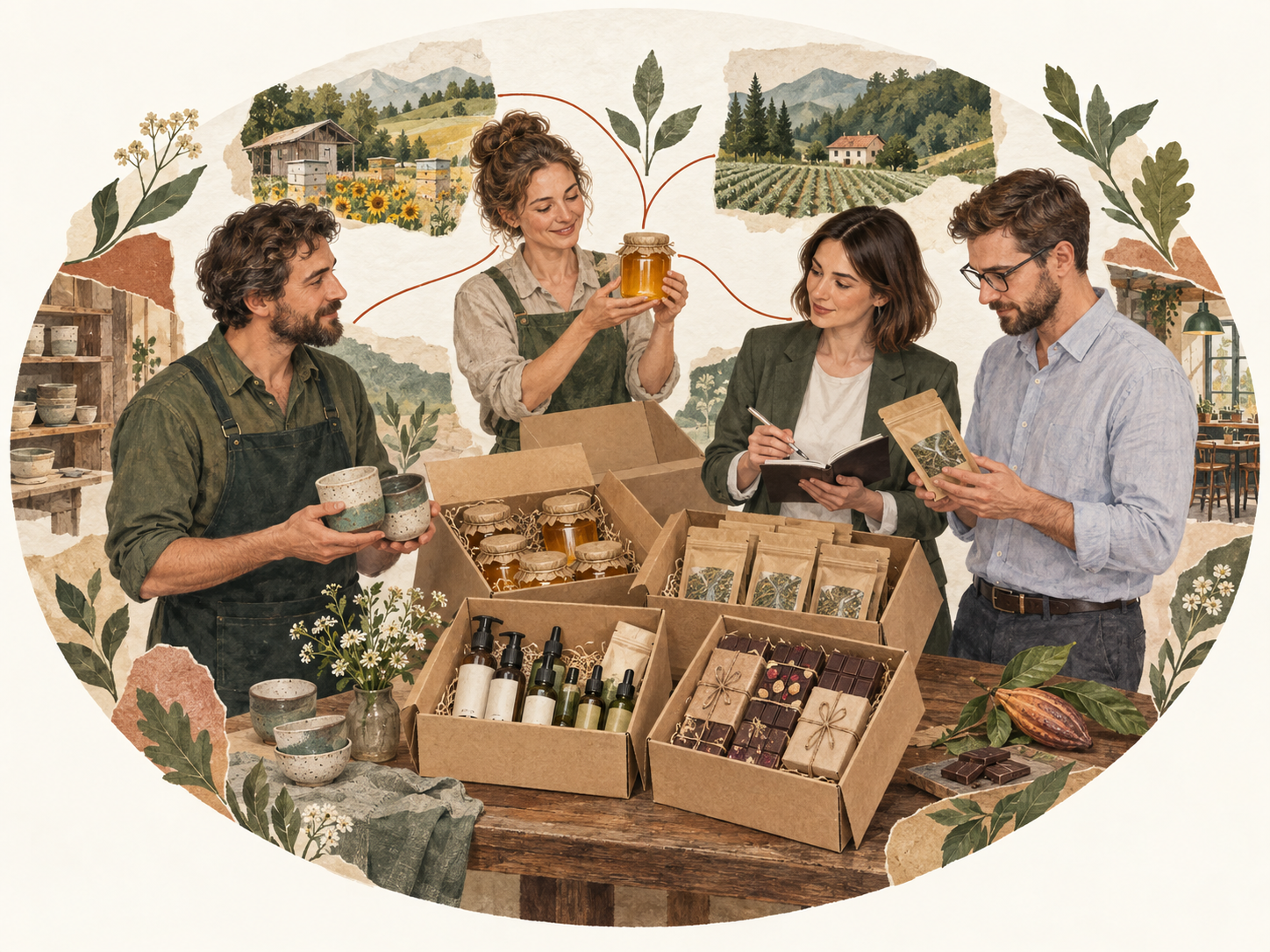 Иллюстрация знакомства производителей и покупателей: керамика, мёд, чай и подарки